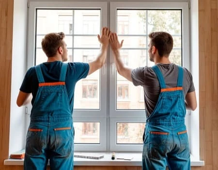 Монтажники устанавливают окно