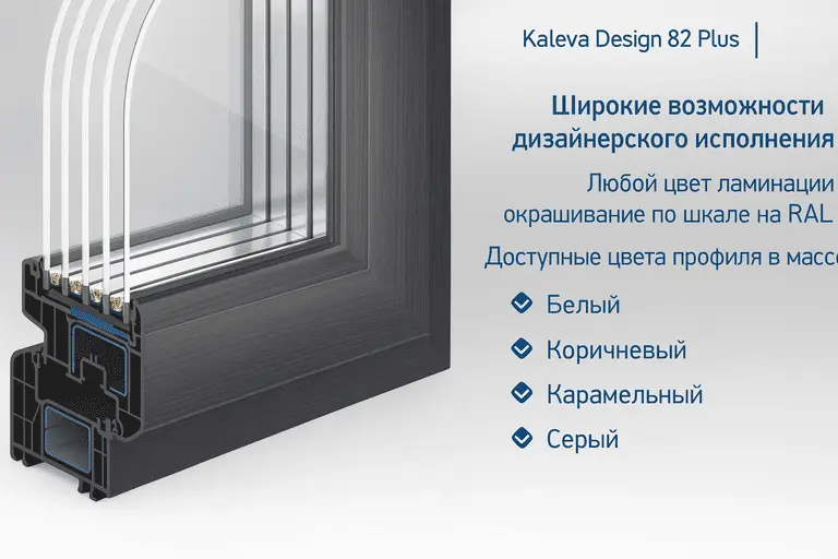 Профиль окна Kaleva Design 82 Plus, четырёхкамерный стеклопакет, доступные цвета: белый, коричневый, карамельный, серый