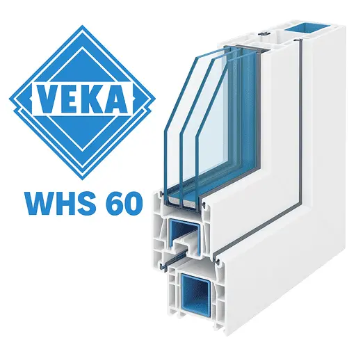 Профиль окна VEKA WHS 60 в разрезе, трёхкамерный стеклопакет, классический белый цвет