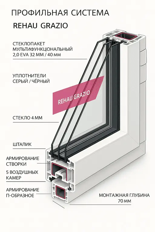 Оконный профиль Rehau Grazio в разрезе, пятикамерный, монтажная глубина 70 мм, серые и чёрные уплотнители