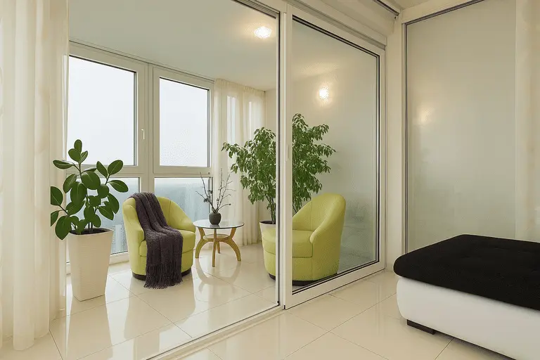 Просторная лоджия с панорамными окнами, раздвижными дверями, креслами и зелёными растениями