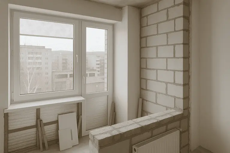 Лоджия на этапе ремонта, установлен пластиковый двухстворчатый стеклопакет, стены с открытой кладкой