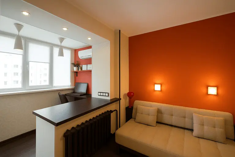 Спальня с зоной кабинета на утеплённой лоджии, белый кирпич, подвесные светильники, ноутбук на столе