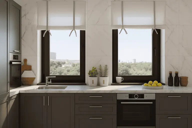 Кухонный интерьер с тёмными пластиковыми окнами, видом на город и белым мраморным фартуком