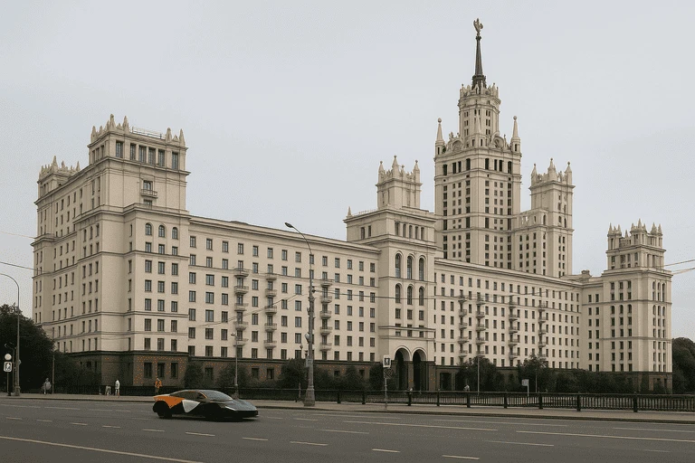 Вид на знаменитый дом на Котельнической набережной, сталинская архитектура, Москва