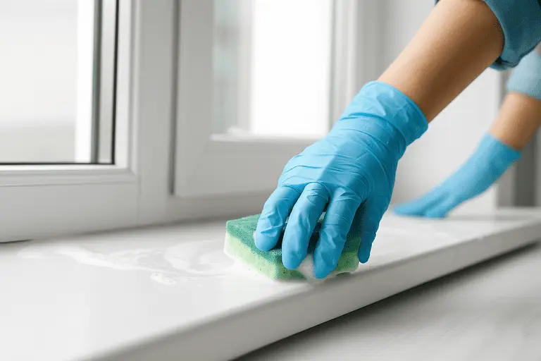 девушка отмывает желтизну на окне