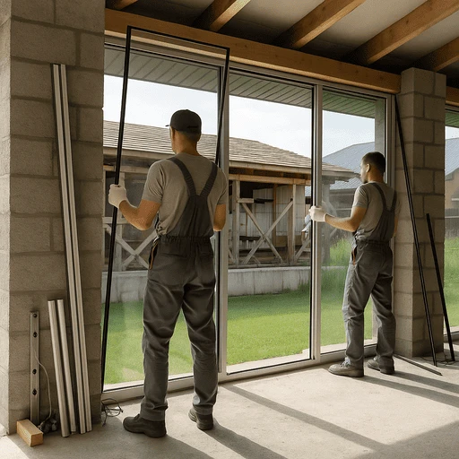 Двое рабочих устанавливают стеклопакет в алюминиевый профиль панорамного окна на строительном объекте