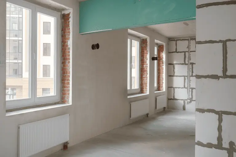 Пластиковые окна в новостройке с черновой отделкой, вид на откосы и подоконники