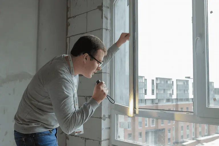 Инженер с фонариком проверяет монтаж окна в новостройке на наличие дефектов и сквозняков