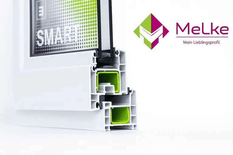 Профиль окна Melke Smart в разрезе с зелёным армированием, показана структура камер и уплотнителей