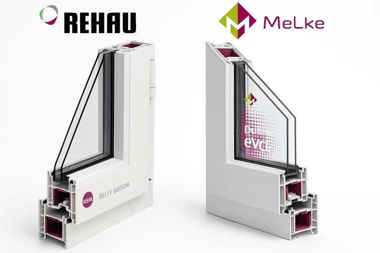 Сравнение пластиковых окон Rehau Blitz Design и Melke Evolution, вид в разрезе