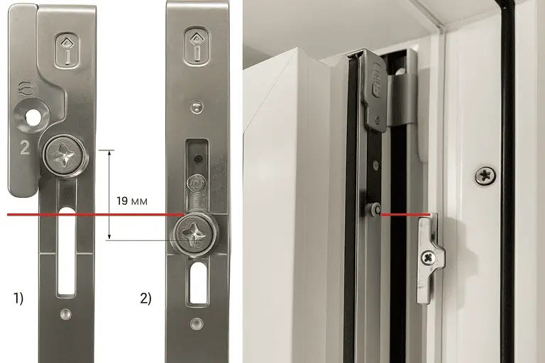 Блокиратор пластикового окна: слева — режим фиксации ручки, справа — режим свободного поворота, показано, как разблокировать окно