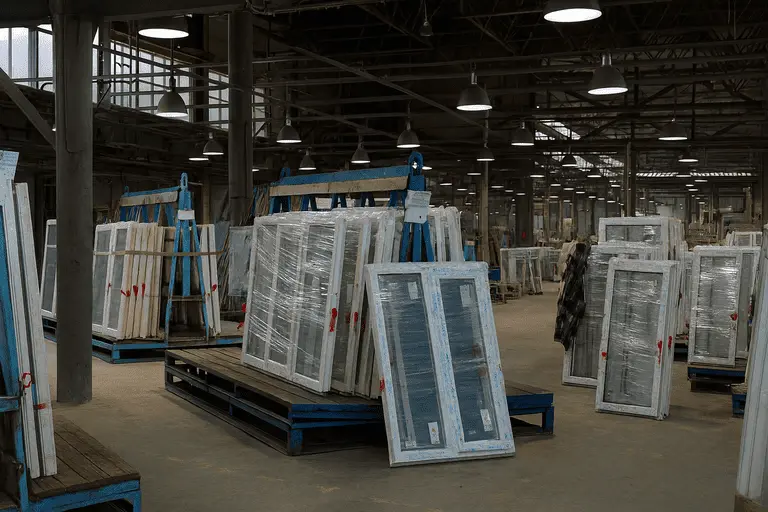 Склад готовых пластиковых окон на заводе, упакованные конструкции стоят на металлических стеллажах