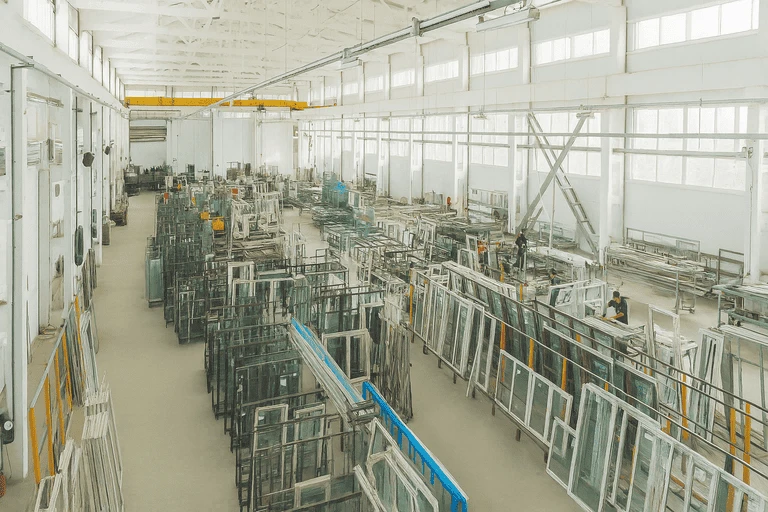 Производственный цех по изготовлению пластиковых окон, сборка рам и стеклопакетов на современном оборудовании