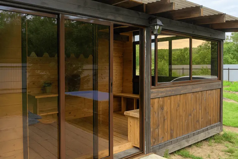 Остеклённая деревянная беседка с раздвижными окнами и тёплым профилем, вид снаружи