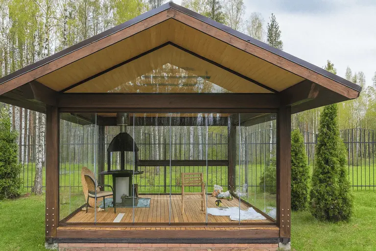 Современная беседка с панорамным безрамным остеклением и видом на лес в Подмосковье, внутри — стол и кресла