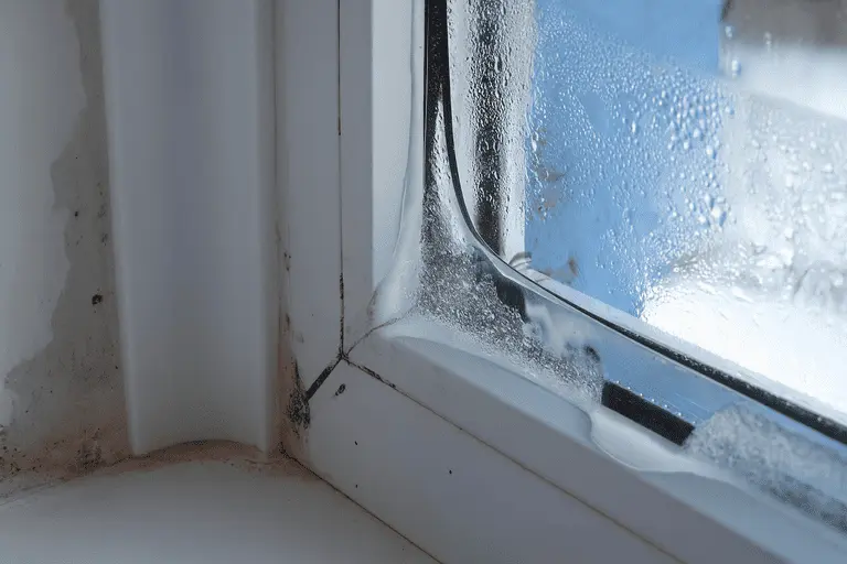 Запотевание окна зимой и чёрная плесень на углу пластикового окна — пример последствий повышенной влажности и плохой вентиляции