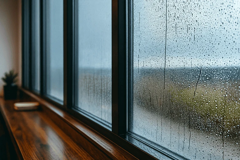 Стекло окна покрылось каплями воды изнутри из-за высокой влажности в частном доме