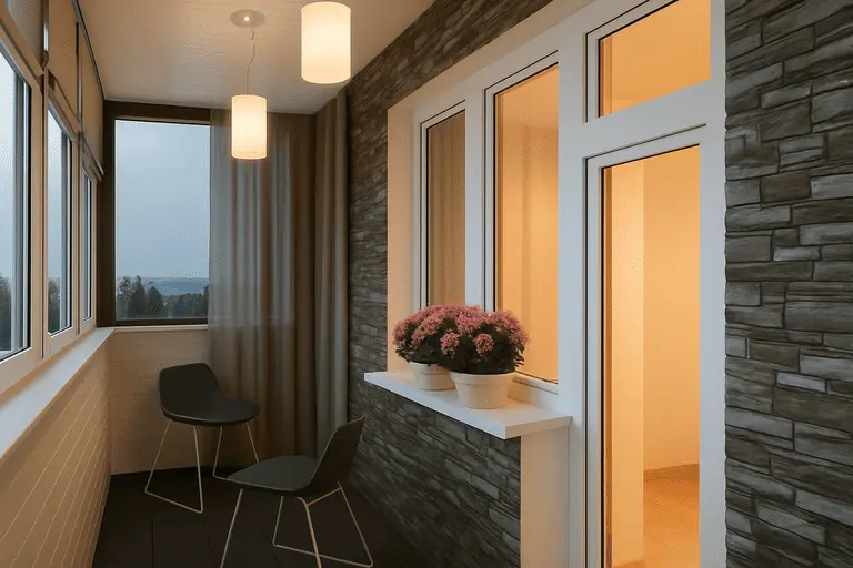 Отделка балкона декоративным камнем и белыми панелями, современный дизайн в Москве