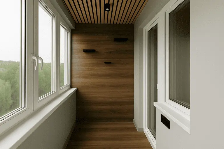 Внутренняя отделка балкона панелями МДФ и реечным потолком в стиле современного минимализма