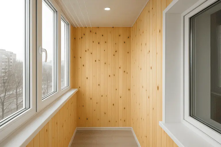 Отделка стен балкона деревянной вагонкой, классический вариант, бюджетное решение