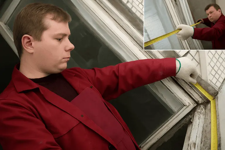 Специалист в спецодежде измеряет оконный проём в старом доме, чтобы точно установить новые окна
