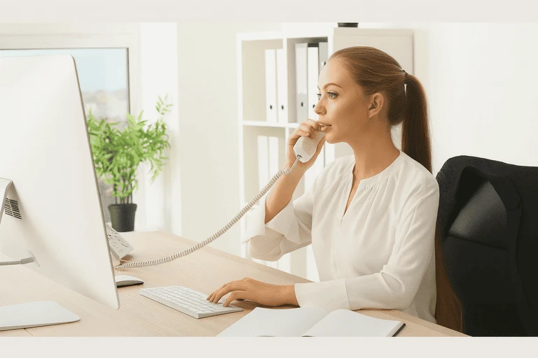 Женщина консультант по окнам разговаривает по телефону и работает за компьютером в офисе