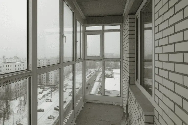 Процесс установки ПВХ-окон на балконе в зимний период, вид на город через новые рамы