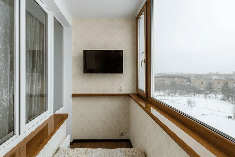 Застеклённый и утеплённый балкон с деревянными подоконниками и телевизором на стене, вид из окна на зимний город