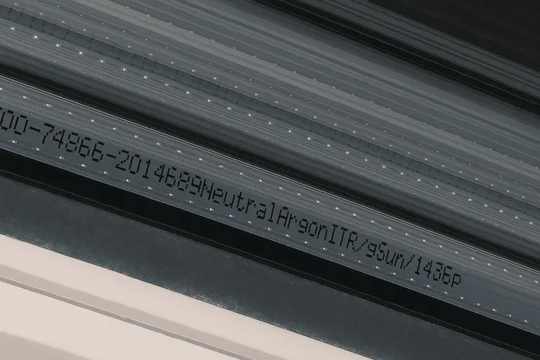 Надпись на дистанционной рамке стеклопакета с формулой, указывающей тип стекла, его толщину и заполнение газом