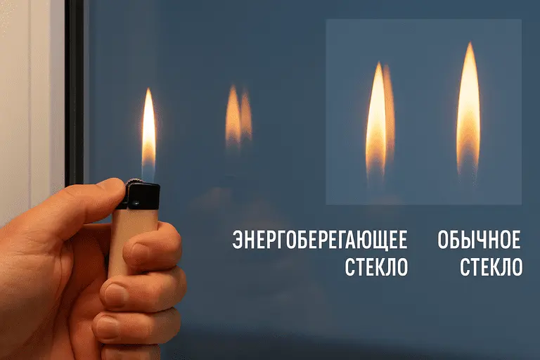 Сравнение отражения пламени на энергосберегающем и обычном стекле — красноватый оттенок у i-стекла