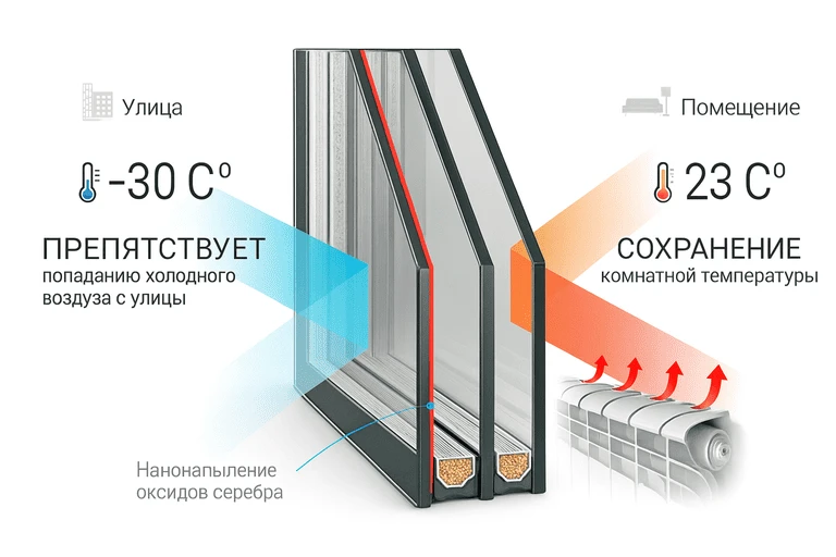 Схема, показывающая, как энергосберегающий стеклопакет удерживает тепло внутри помещения и не пропускает холод с улицы
