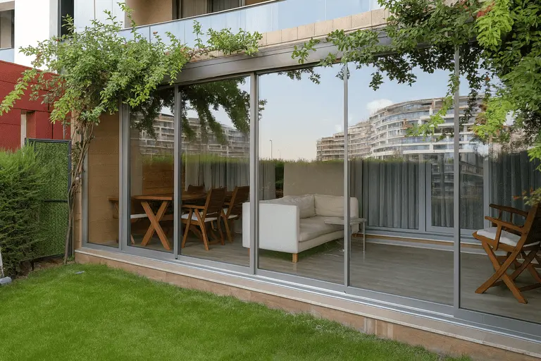 Панорамное остекление террасы с алюминиевым профилем Шуко, выход в сад