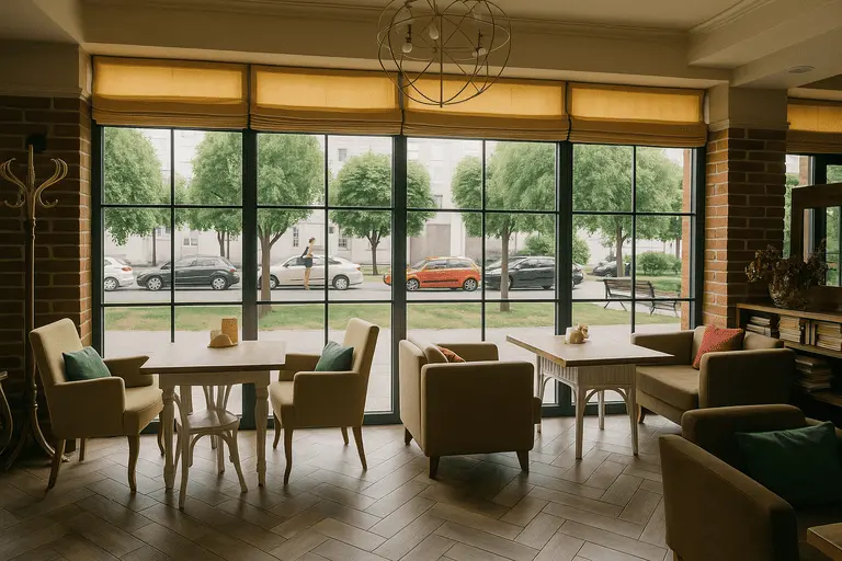 Большие алюминиевые окна с тонкими рамами в уютном кафе с видом на улицу