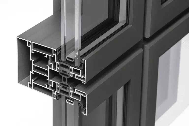 сечение алюминиевого профиля для тёплого панорамного остекления, показаны камеры и стеклопакет