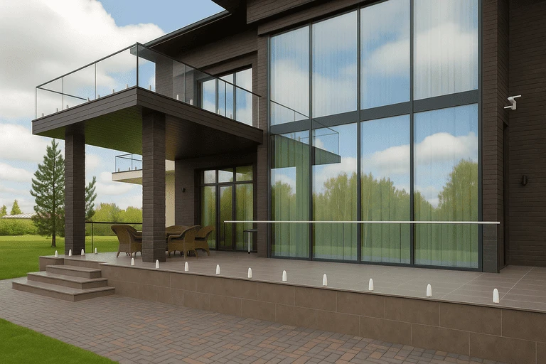 Современный дом с панорамными окнами в пол из алюминия, выходящими на террасу с видом на сад