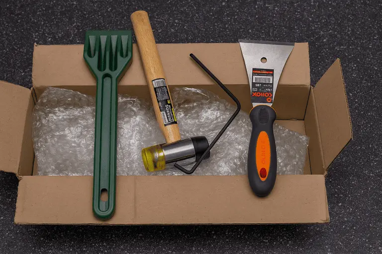 Набор инструментов для снятия штапика с пластикового окна: пластиковый шпатель, резиновая киянка, шпатель и монтажная лопатка.