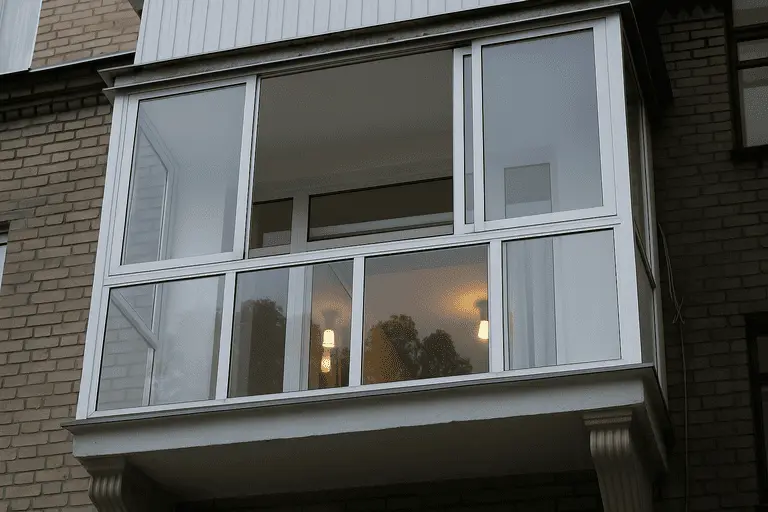 Остекление балкона алюминиевыми окнами с раздвижными створками, вид с улицы