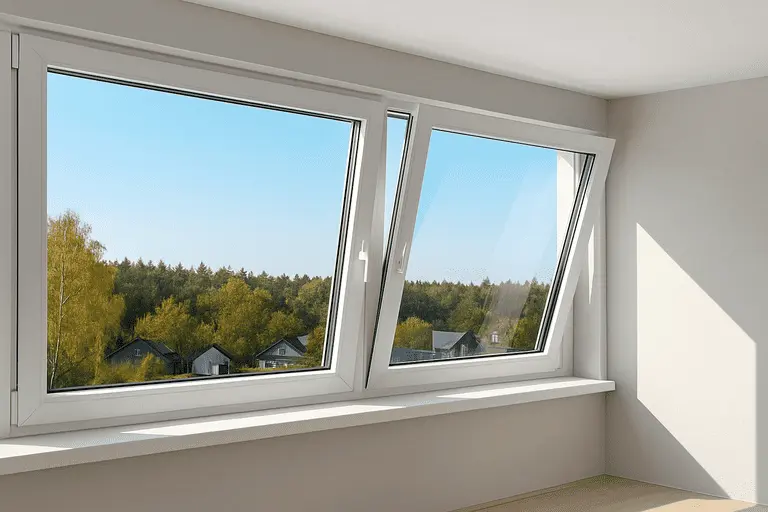 Современное алюминиевое окно с поворотно-откидной фурнитурой, открытое для проветривания