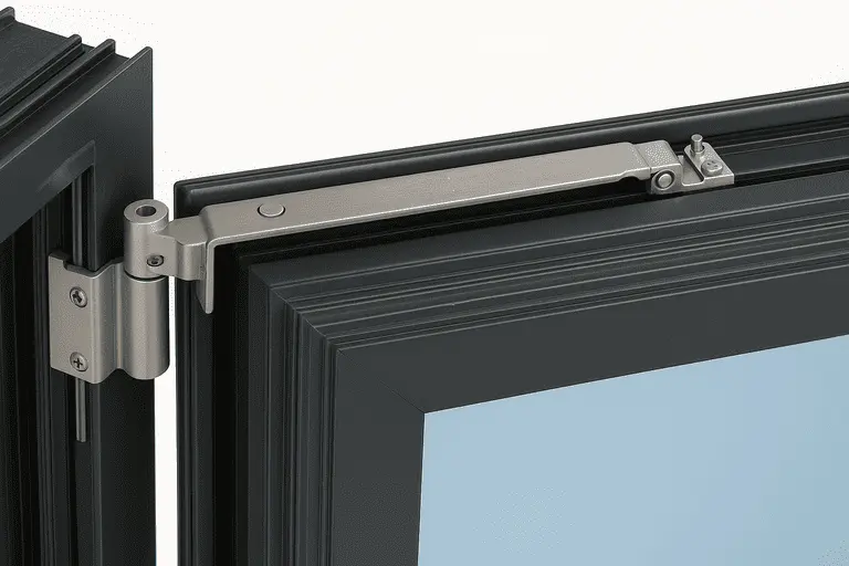 Надёжная петля и элемент фурнитуры для алюминиевых окон с верхним креплением