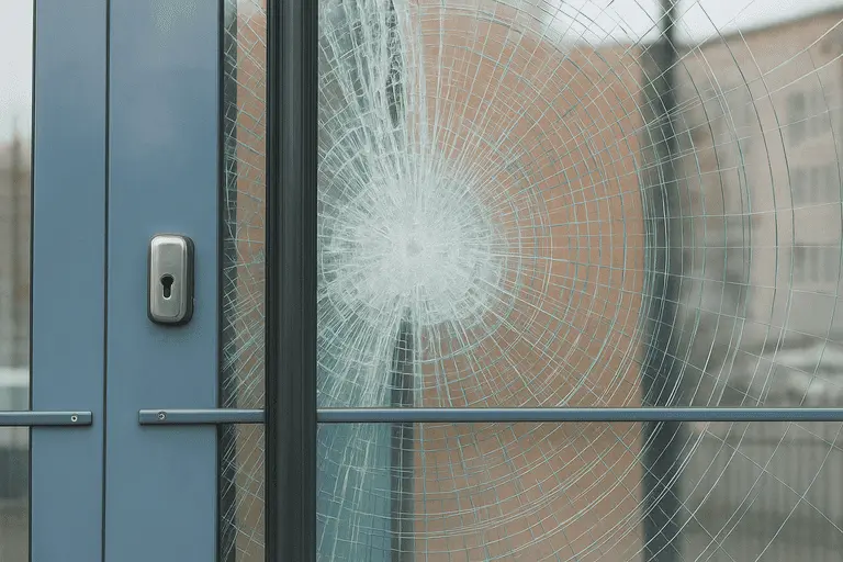 Трещины на противоударном стекле двери после удара, стекло не рассыпалось