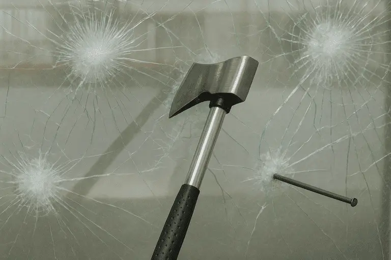 Топор и следы ударов на противоударном стекле, которое выдержало повреждения и не разбилось