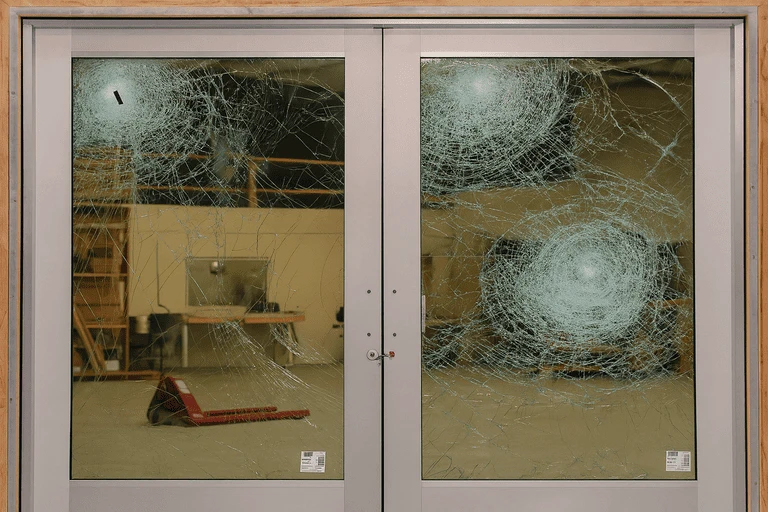 Двери с ударопрочным стеклом, покрытым многочисленными трещинами от ударов, стекло осталось целым