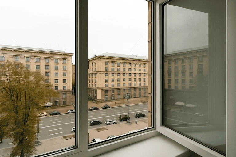 Вид из квартиры с пластиковыми окнами с шумоизоляцией на шумную улицу в Москве