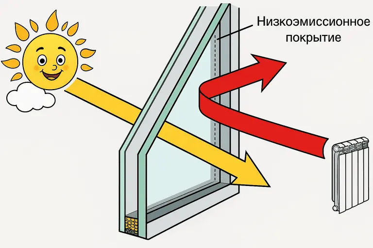 Схема: низкоэмиссионное покрытие отражает тепло от батареи внутрь помещения и пропускает солнечный свет.