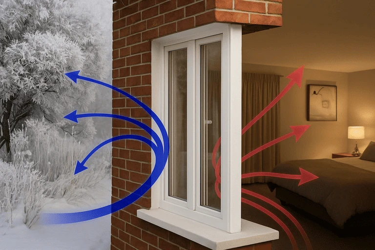 Схема движения тепла и холода через окно: низкоэмиссионное стекло сохраняет тепло в помещении и не пропускает холод с улицы.