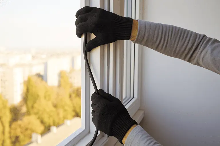 Мастер устанавливает новый уплотнитель в пластиковое окно в квартире