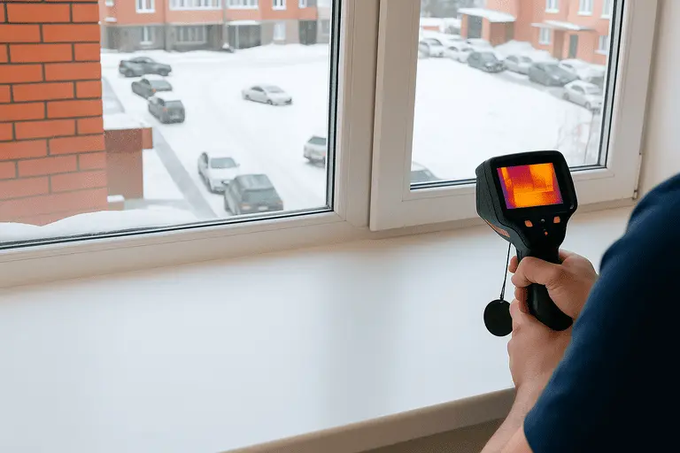 Специалист проверяет пластиковое окно тепловизором на предмет утечек тепла