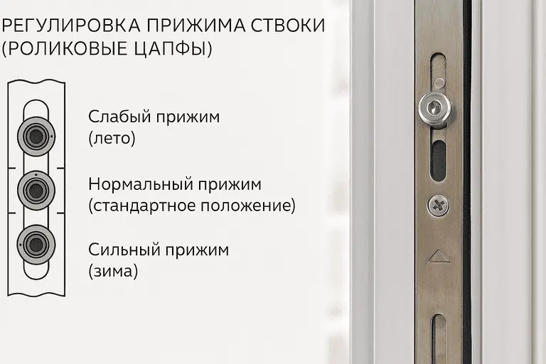 Схема регулировки прижима створки пластикового окна с помощью роликовых цапф: лето, стандартное положение, зима