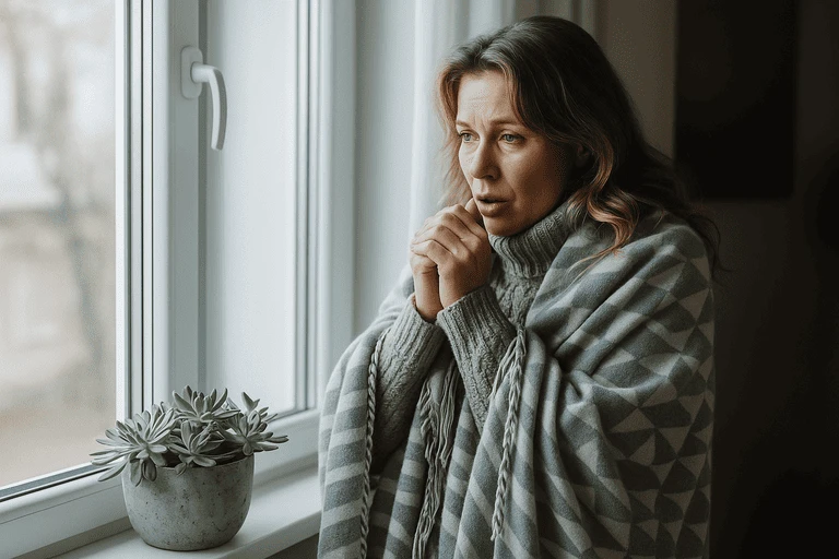 Женщина в тёплом свитере и пледе мёрзнет у пластикового окна из-за сквозняка